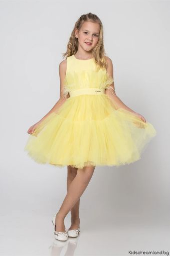 Официална екстравагантна рокля с пера, жълта