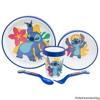 Детски комплект за хранене "Stitch" – 5 части с неплъзгаща се основа