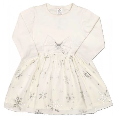 Детска Коледна рокля на сребристи снежинки 86-134 см. бял цвят