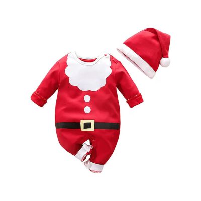 Бебешки коледен гащеризон в червено с райе и шапка в червено
