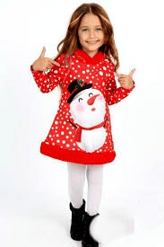 Коледна детска рокля в червено със снежен човек и качулка