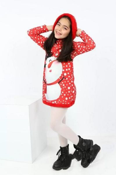 Коледна детска рокля в червено със снежен човек и качулка